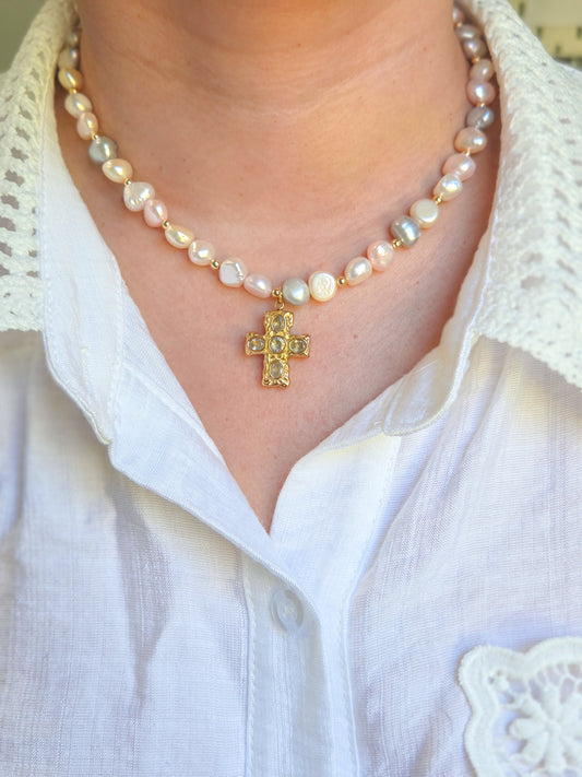 Cadena perlas y cruz